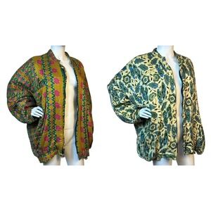 Vintage 80s Rayon Bomber Jacket reversible Floral Aztec Print Baggy ZIp Coat KC